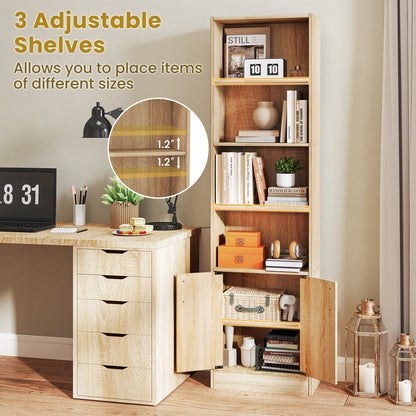 71 Inch 6-Tier Tall Bookshelf with Double Doors 4 Open Cubes-Oak