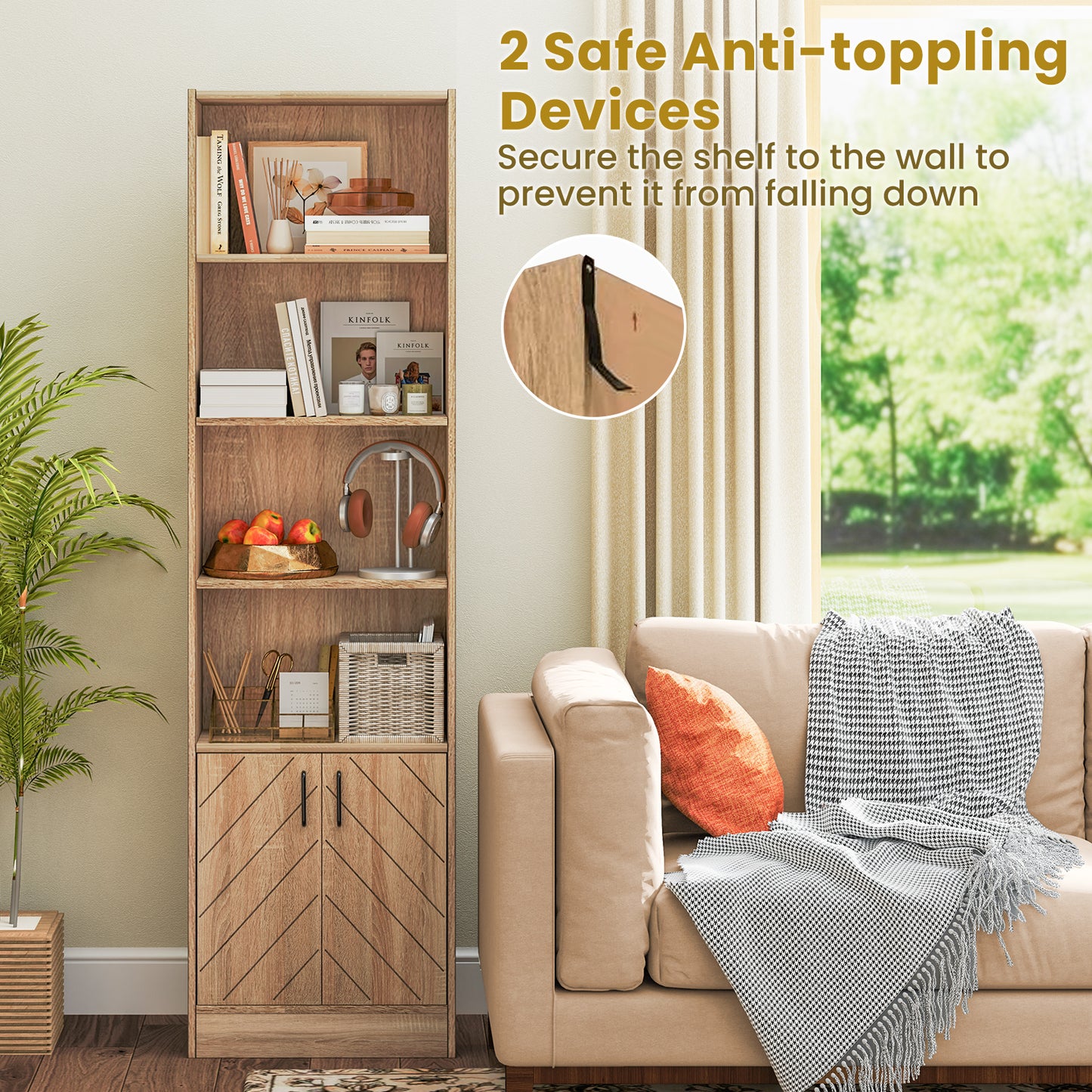 71 Inch 6-Tier Tall Bookshelf with Double Doors 4 Open Cubes-Oak Kids Crystal