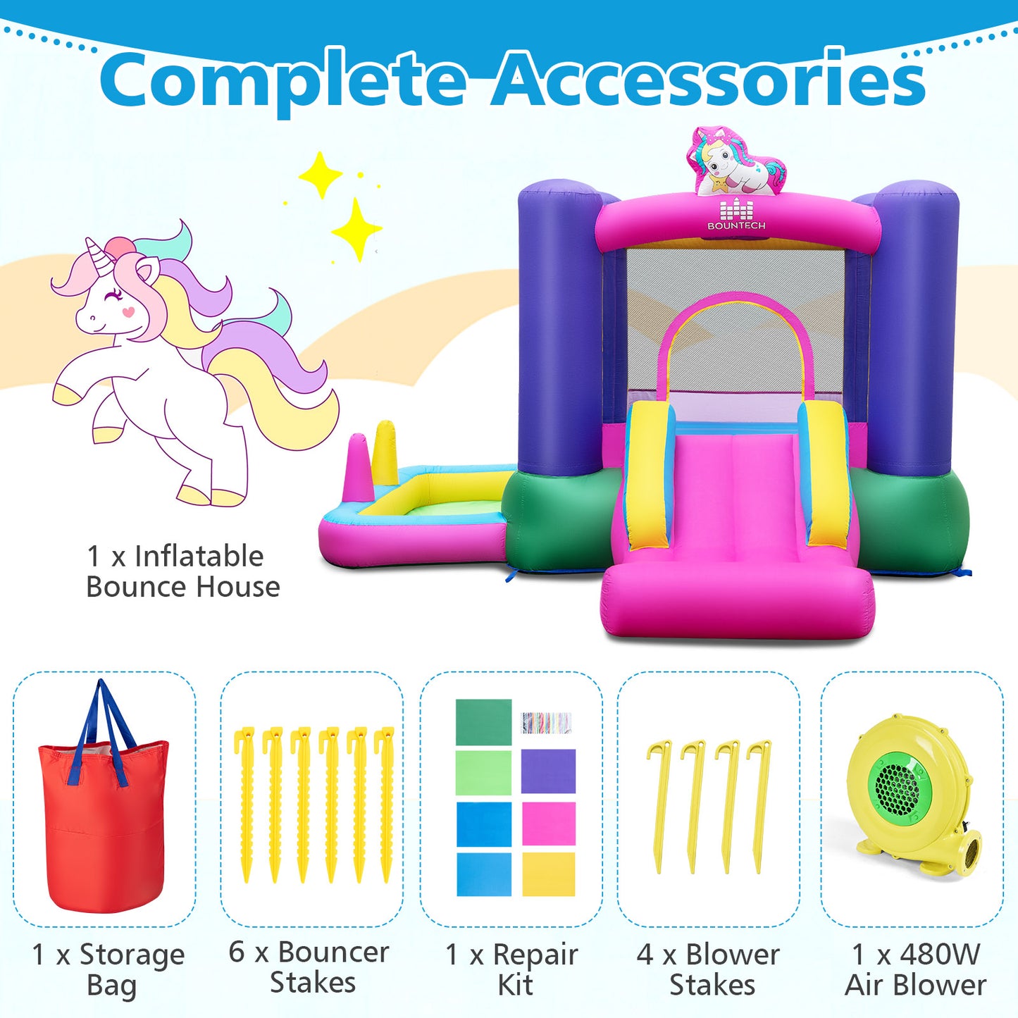 6-in-1 Bouncy Castle Inflatable Bounce House with Slide and Ball Pit with 480W Blower