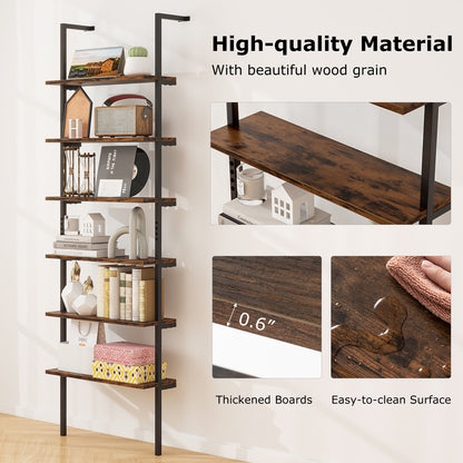 6-tier Ladder Shelf 72 Inches Industrial Wall Mounted Bookshelf-Rustic Brown