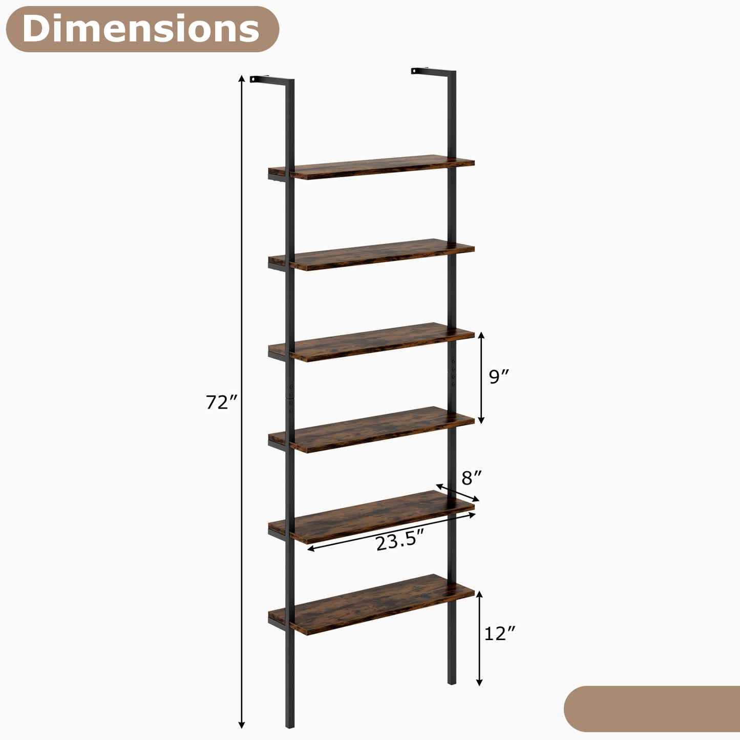 6-tier Ladder Shelf 72 Inches Industrial Wall Mounted Bookshelf-Rustic Brown Kids Crystal