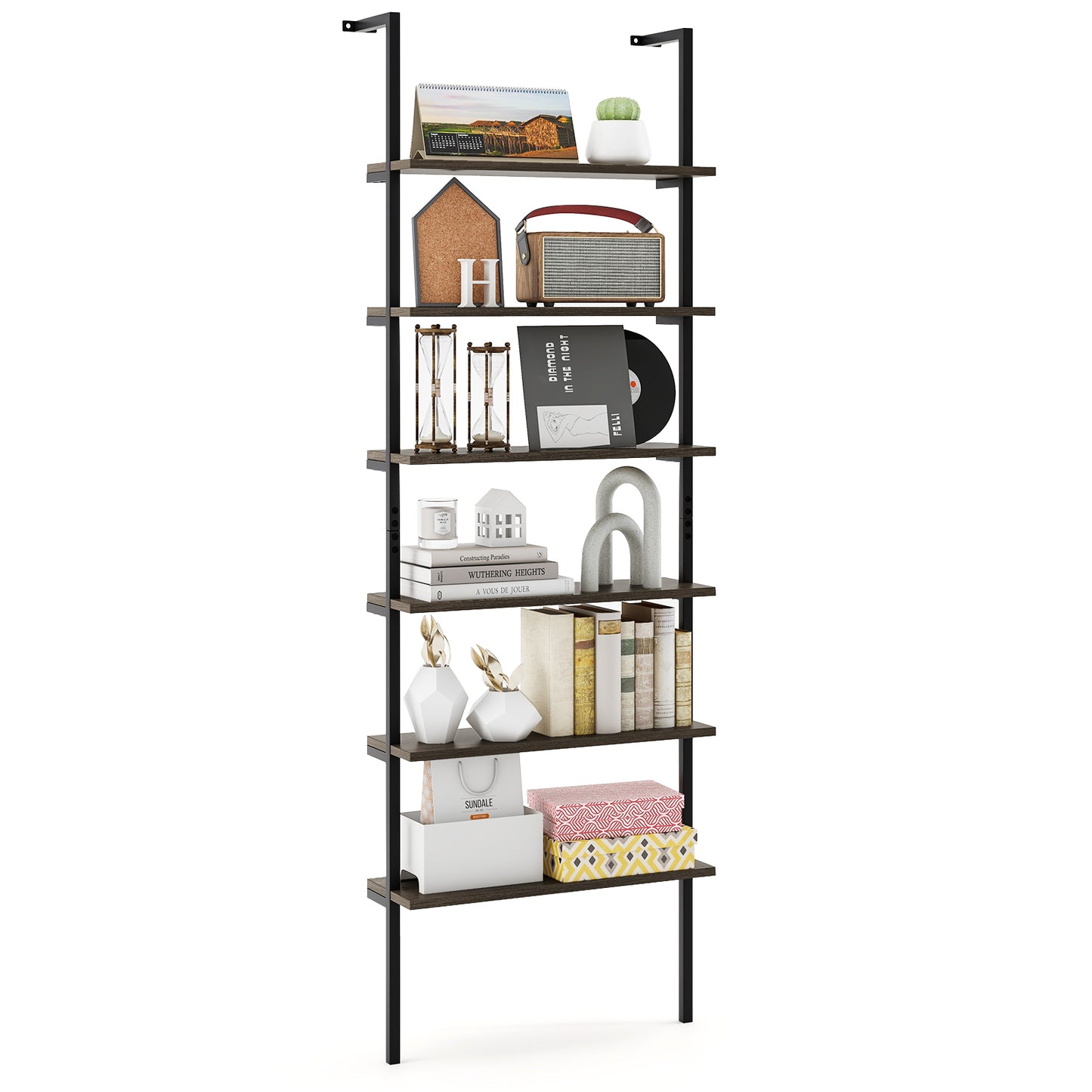 6-tier Ladder Shelf 72 Inches Industrial Wall Mounted Bookshelf-Oak Kids Crystal