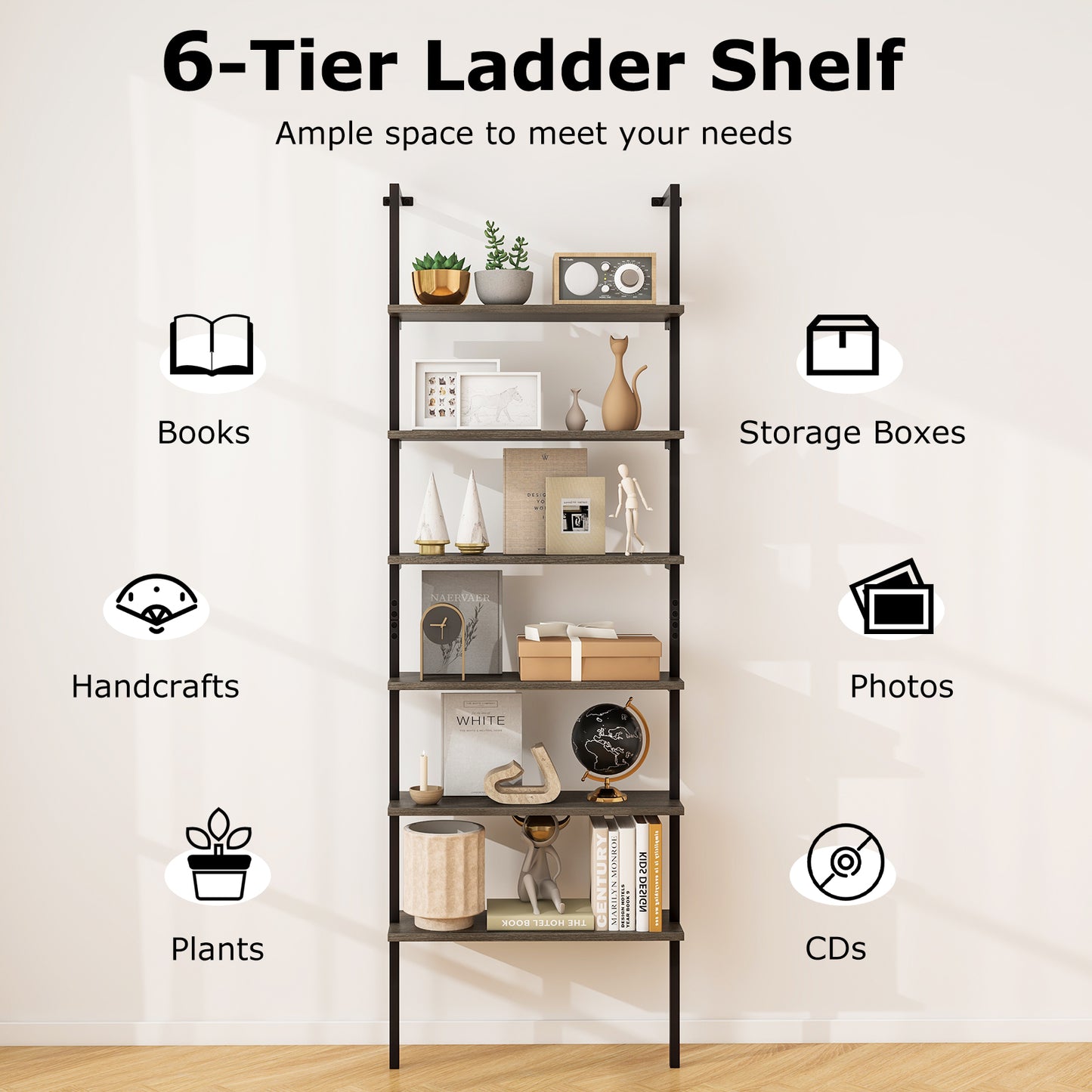6-tier Ladder Shelf 72 Inches Industrial Wall Mounted Bookshelf-Oak Kids Crystal