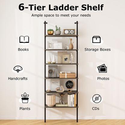 6-tier Ladder Shelf 72 Inches Industrial Wall Mounted Bookshelf-Oak