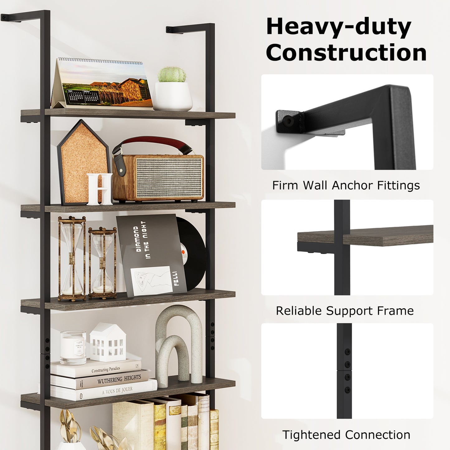 6-tier Ladder Shelf 72 Inches Industrial Wall Mounted Bookshelf-Oak Kids Crystal