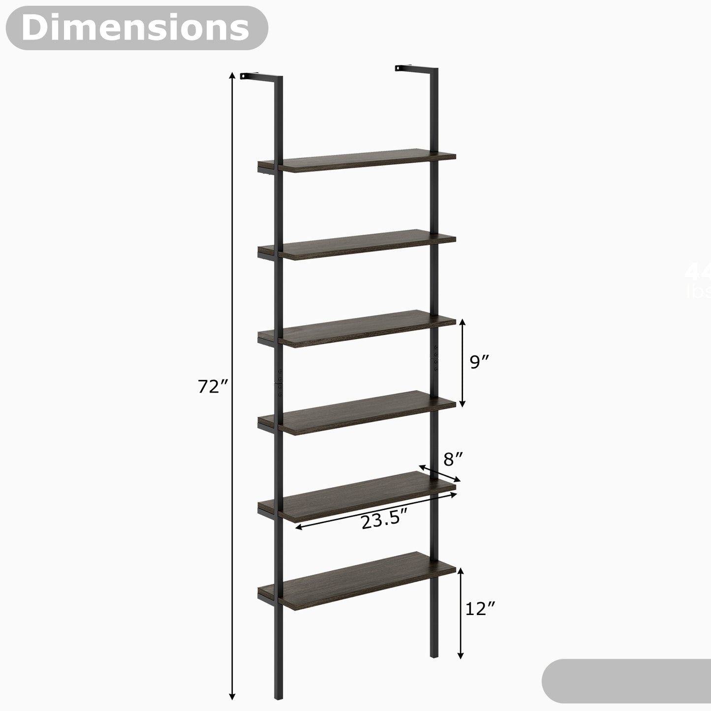 6-tier Ladder Shelf 72 Inches Industrial Wall Mounted Bookshelf-Oak Kids Crystal