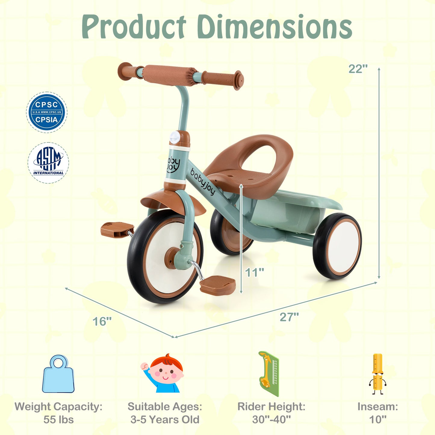 Toddler Tricycle Kids Trike with Adjustable Seat and Basket Aged 3-5 Years Old-Green Kids Crystal