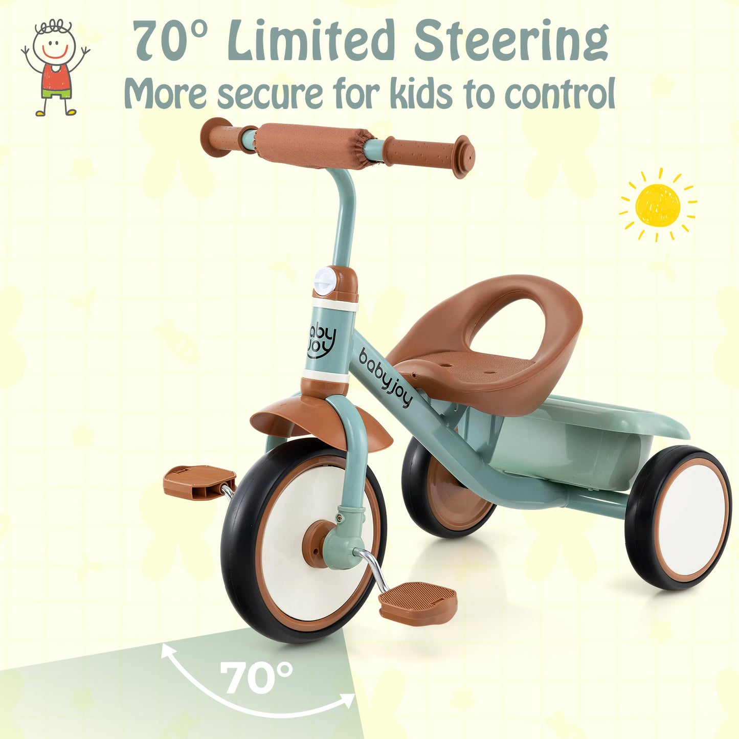 Toddler Tricycle Kids Trike with Adjustable Seat and Basket Aged 3-5 Years Old-Green Kids Crystal