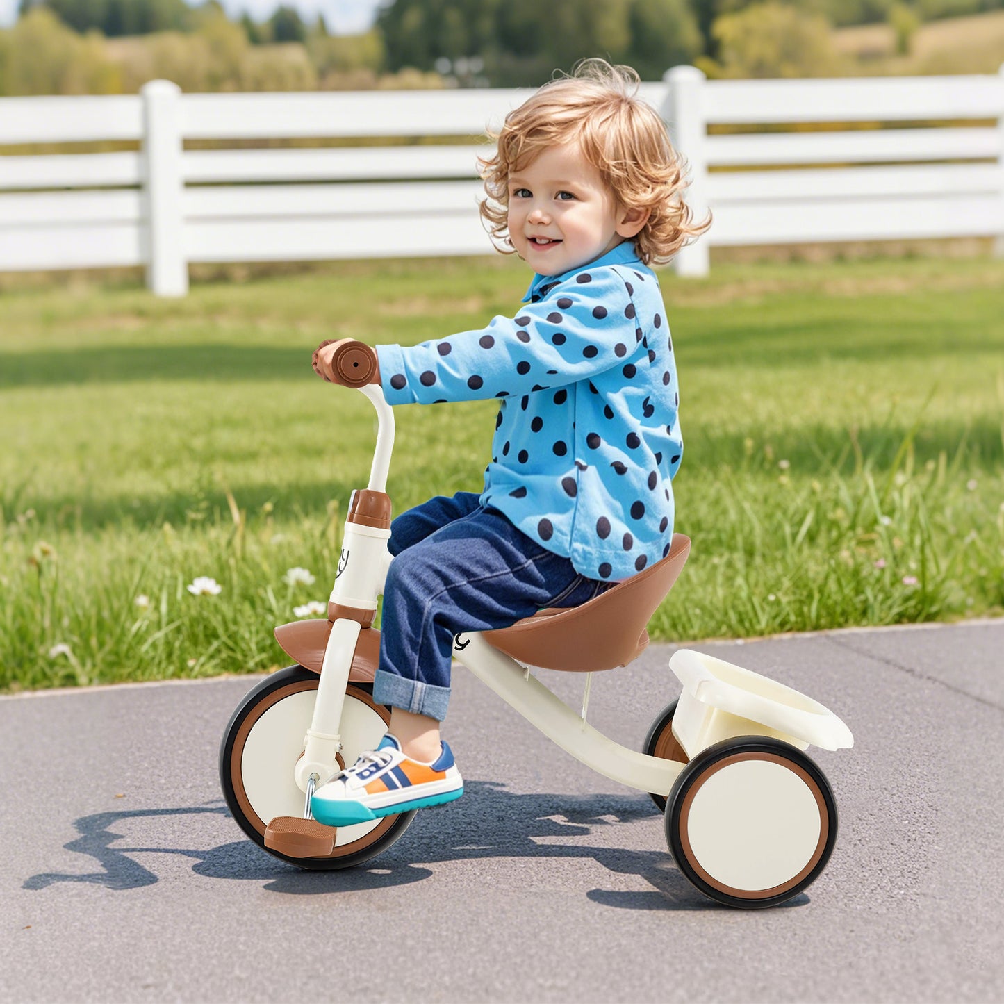 Toddler Tricycle Kids Trike with Adjustable Seat and Basket Aged 3-5 Years Old-Beige Kids Crystal