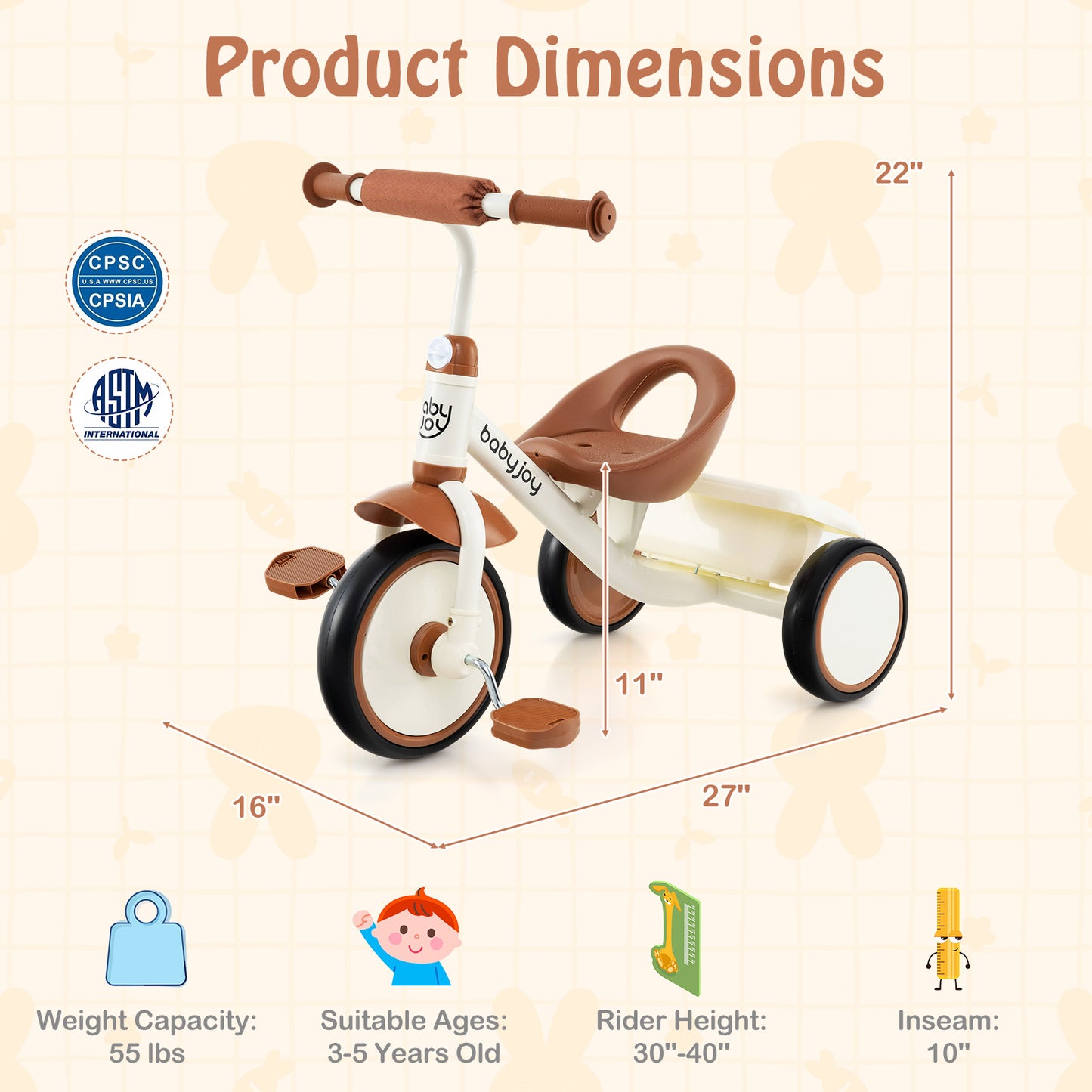 Toddler Tricycle Kids Trike with Adjustable Seat and Basket Aged 3-5 Years Old-Beige Kids Crystal