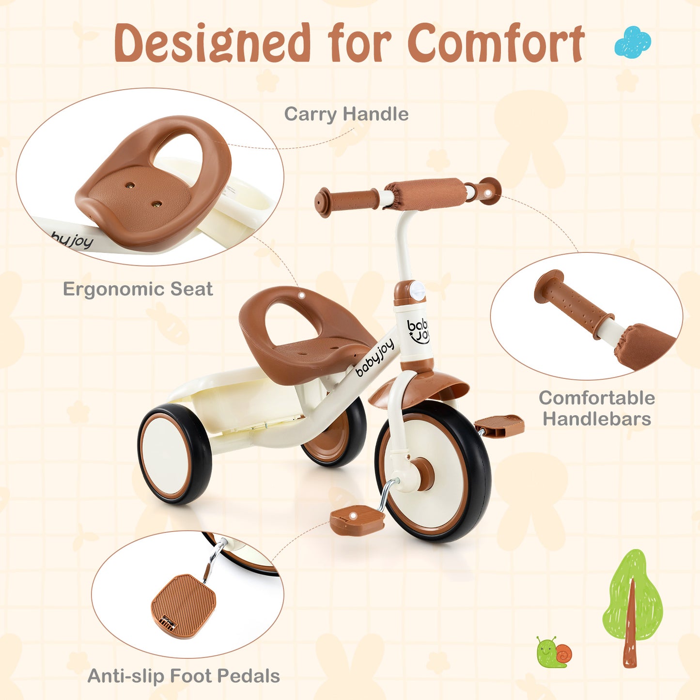 Toddler Tricycle Kids Trike with Adjustable Seat and Basket Aged 3-5 Years Old-Beige Kids Crystal