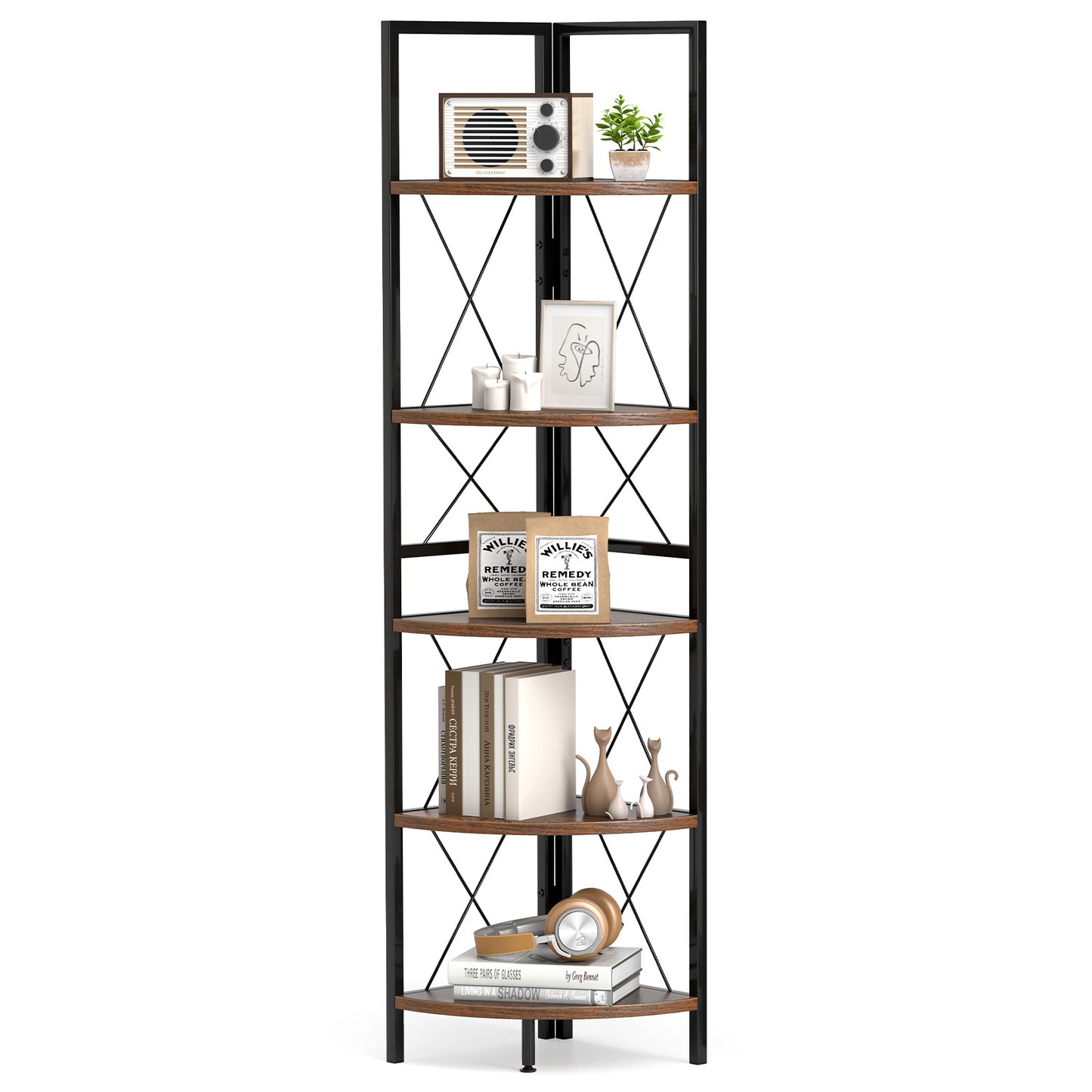5-Tier Freestanding Corner Shelf 63 Inch Tall Storage Rack-Rustic Brown Kids Crystal