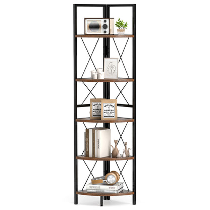 5-Tier Freestanding Corner Shelf 63 Inch Tall Storage Rack-Rustic Brown