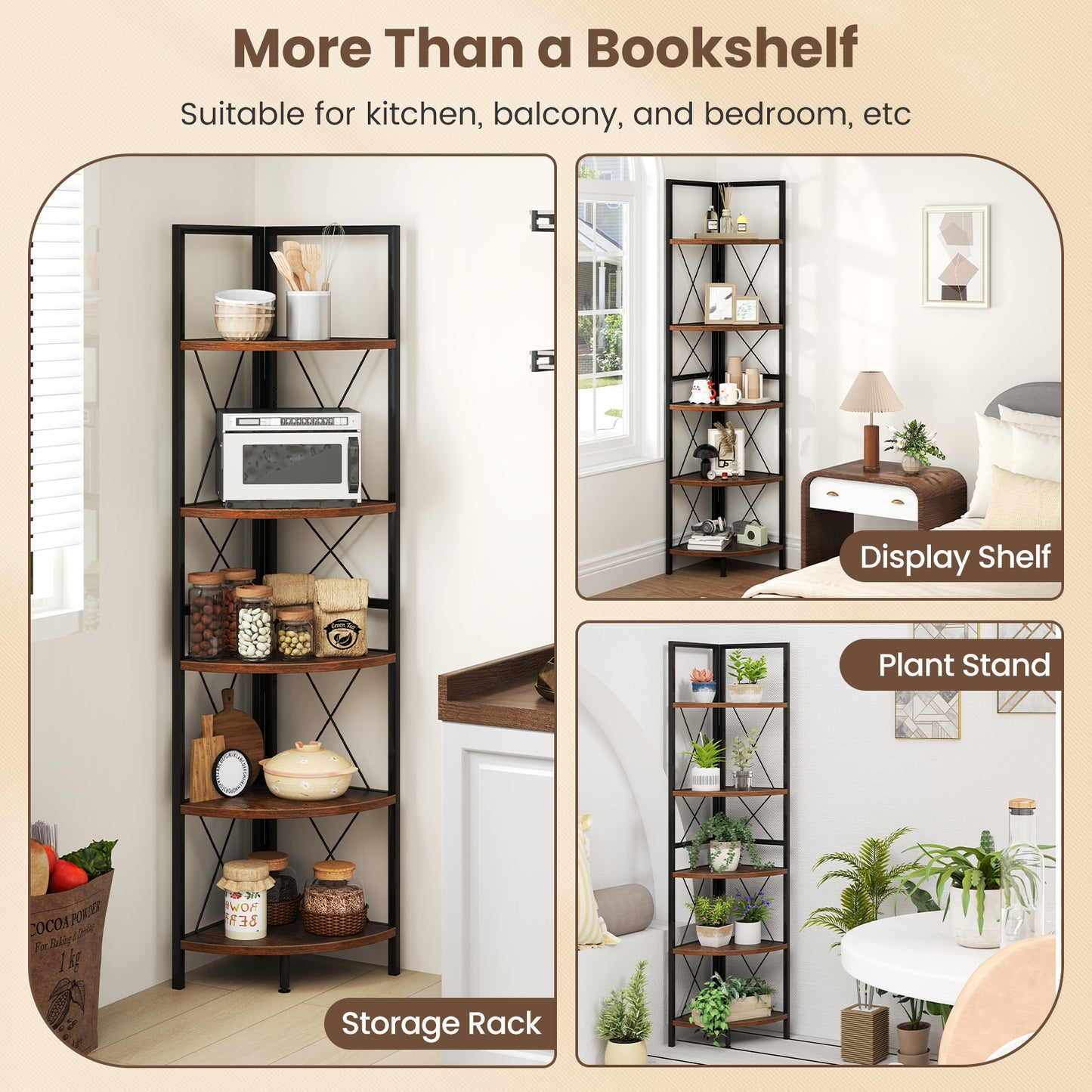 5-Tier Freestanding Corner Shelf 63 Inch Tall Storage Rack-Rustic Brown Kids Crystal