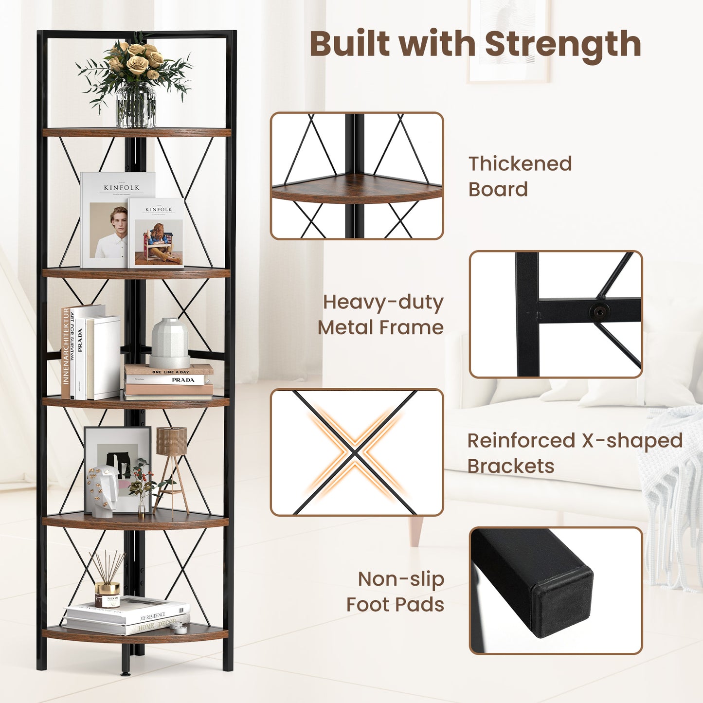 5-Tier Freestanding Corner Shelf 63 Inch Tall Storage Rack-Rustic Brown Kids Crystal