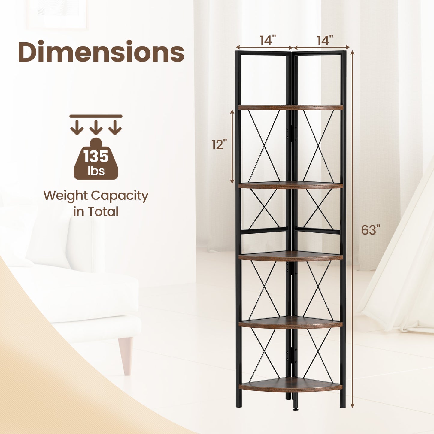 5-Tier Freestanding Corner Shelf 63 Inch Tall Storage Rack-Rustic Brown Kids Crystal
