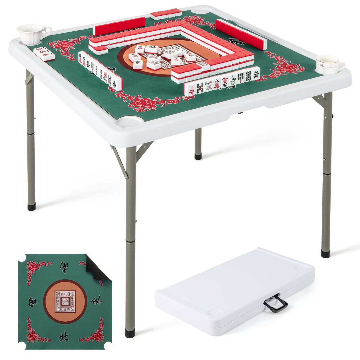 35 Inch 4 Player Game Card Folding Mahjong Table with Cup Holders-Light Green Kids Crystal