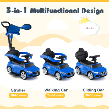 3-in-1 Ride on Push Car Mercedes-Benz Licensed Sliding Car with Canopy-Blue