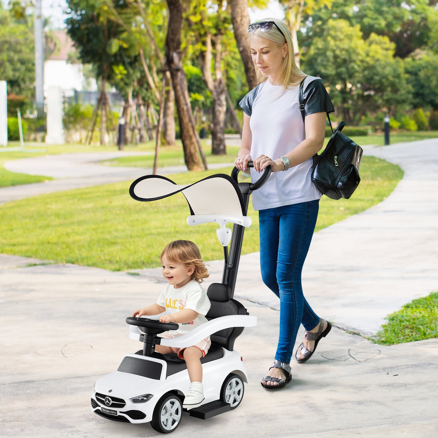 3-in-1 Ride on Push Car Mercedes-Benz Licensed Sliding Car with Canopy-White Kids Crystal