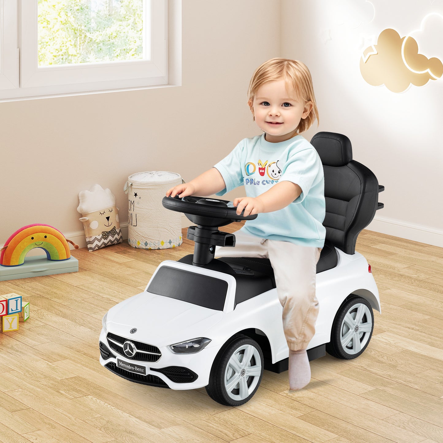3-in-1 Ride on Push Car Mercedes-Benz Licensed Sliding Car with Canopy-White Kids Crystal