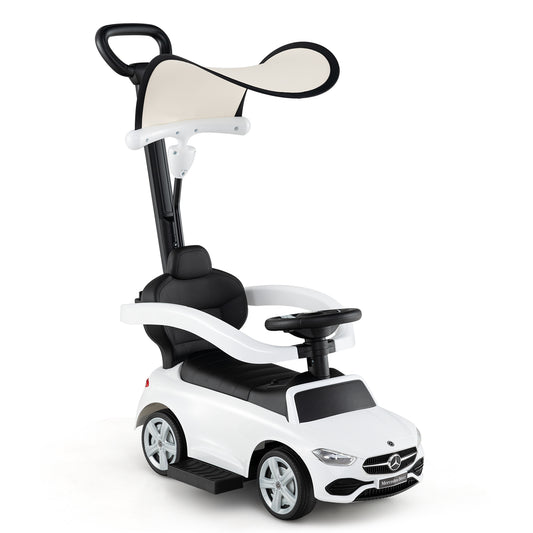 3-in-1 Ride on Push Car Mercedes-Benz Licensed Sliding Car with Canopy-White Kids Crystal