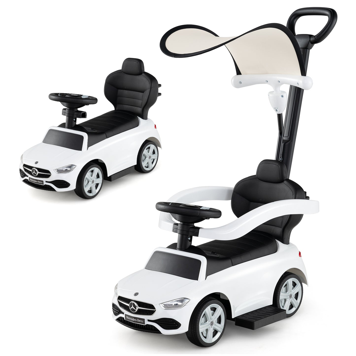 3-in-1 Ride on Push Car Mercedes-Benz Licensed Sliding Car with Canopy-White Kids Crystal