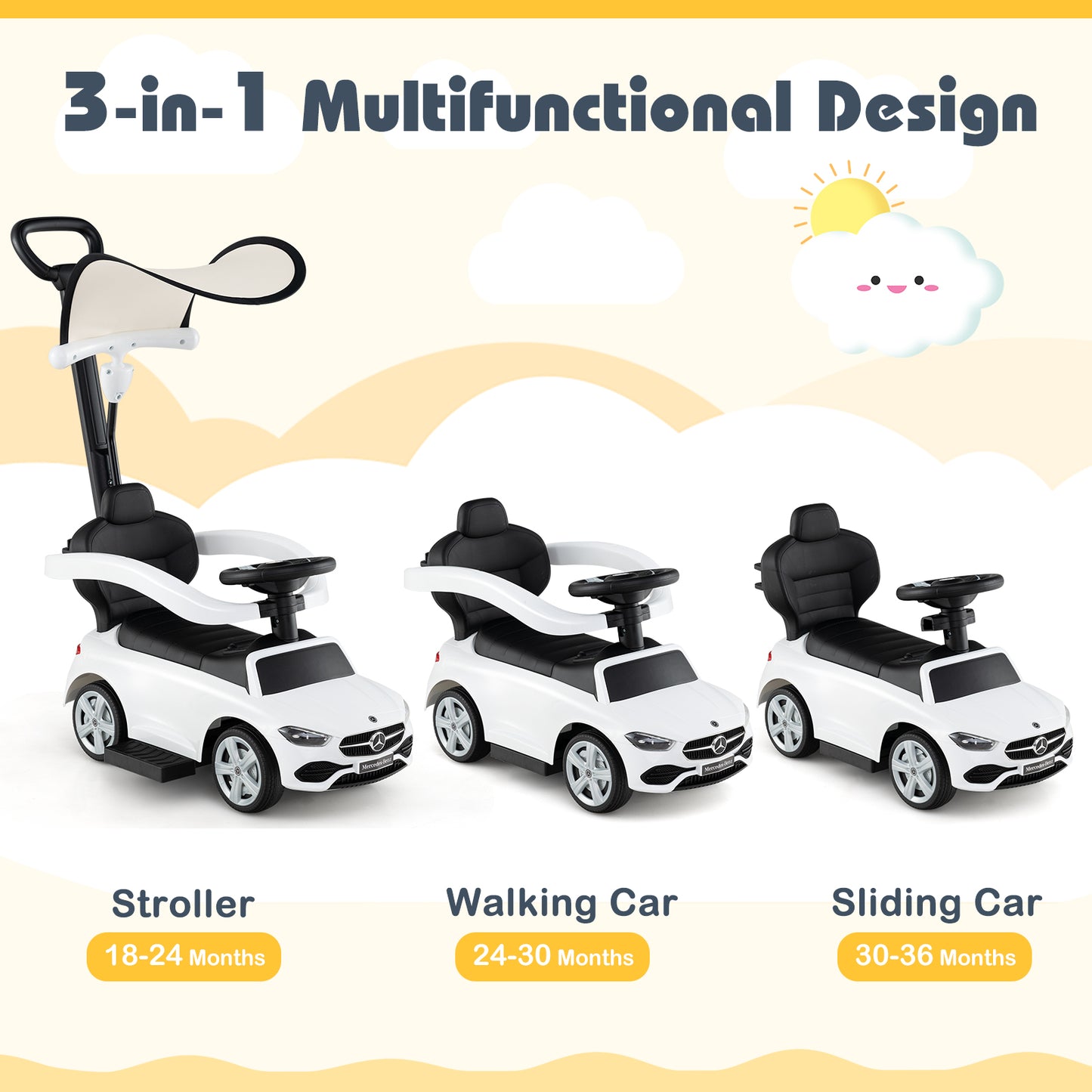 3-in-1 Ride on Push Car Mercedes-Benz Licensed Sliding Car with Canopy-White Kids Crystal