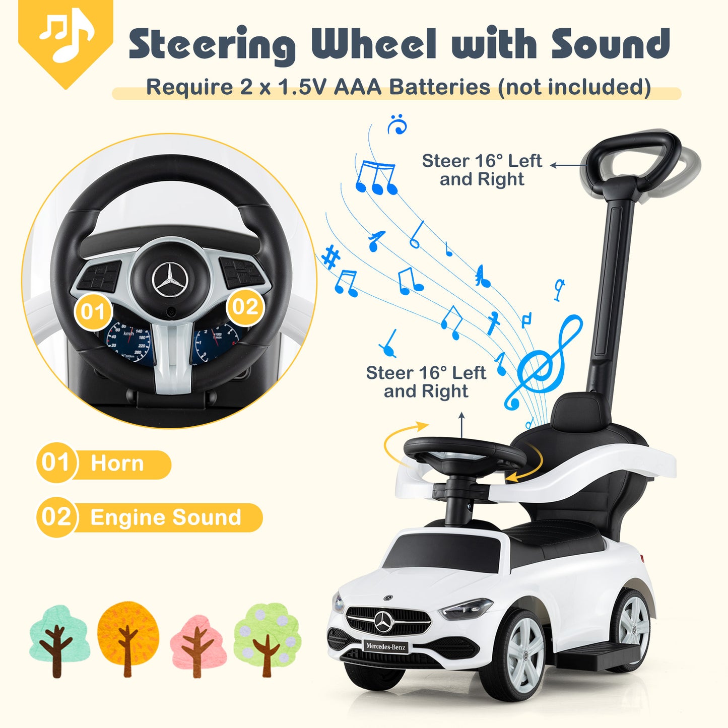 3-in-1 Ride on Push Car Mercedes-Benz Licensed Sliding Car with Canopy-White Kids Crystal