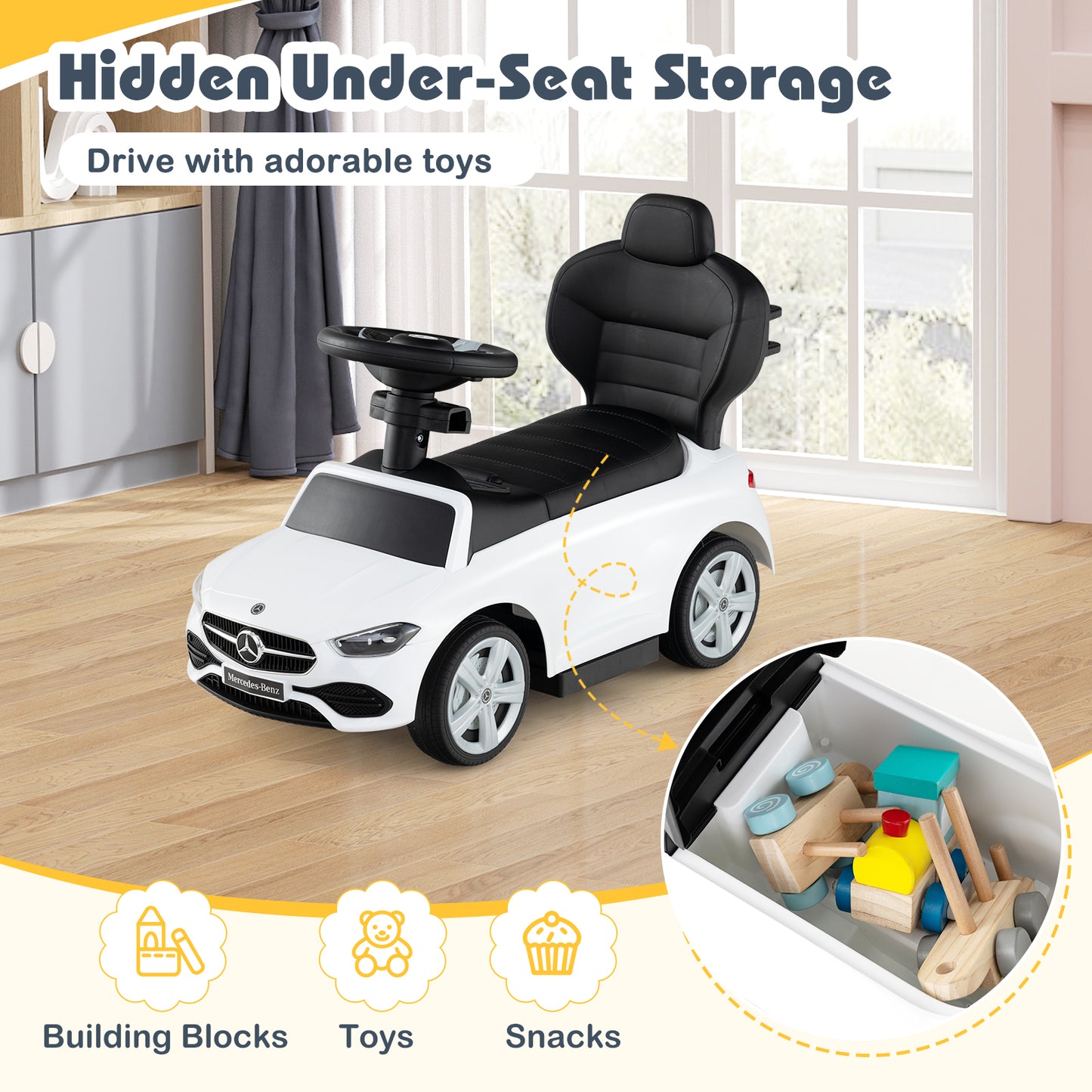3-in-1 Ride on Push Car Mercedes-Benz Licensed Sliding Car with Canopy-White Kids Crystal