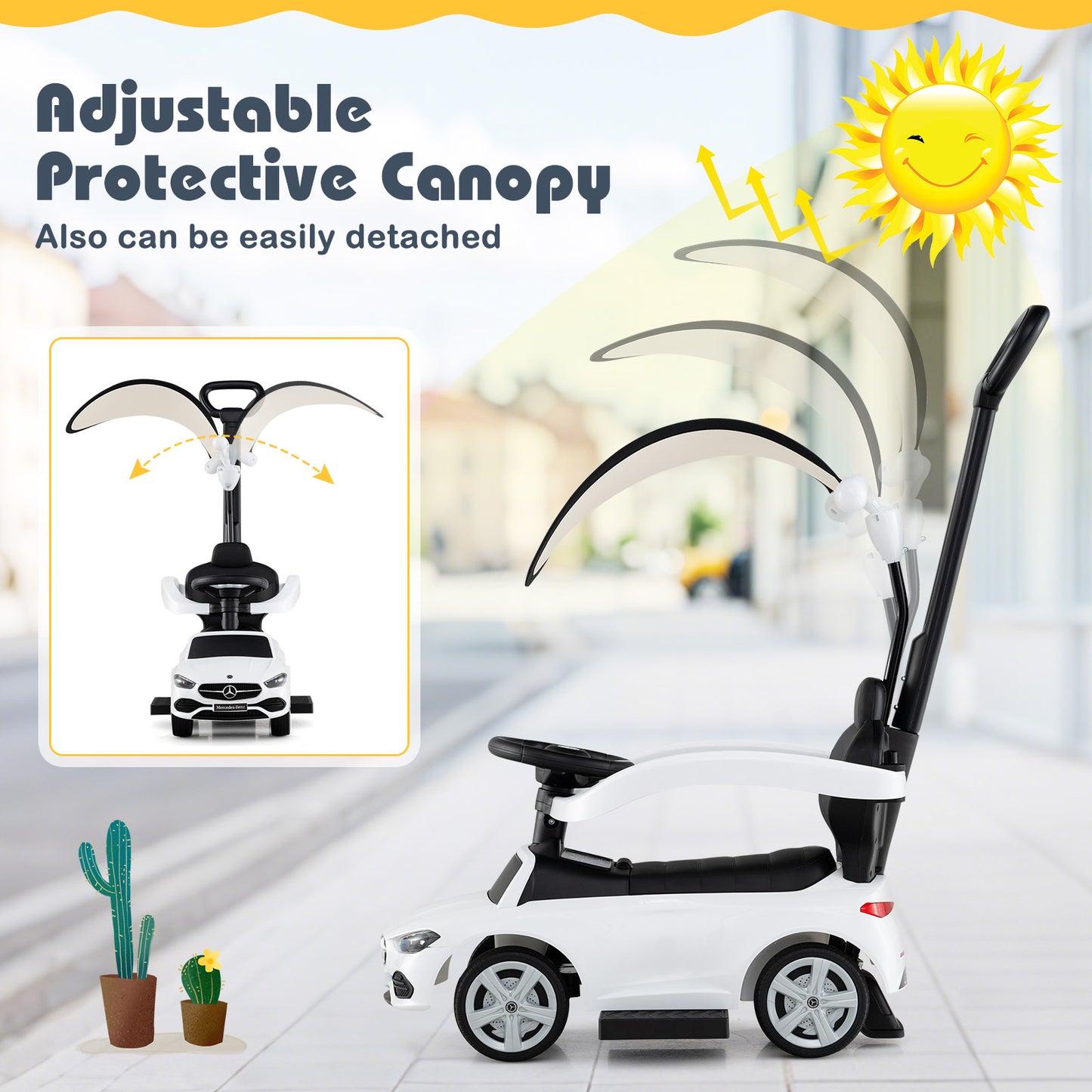 3-in-1 Ride on Push Car Mercedes-Benz Licensed Sliding Car with Canopy-White Kids Crystal