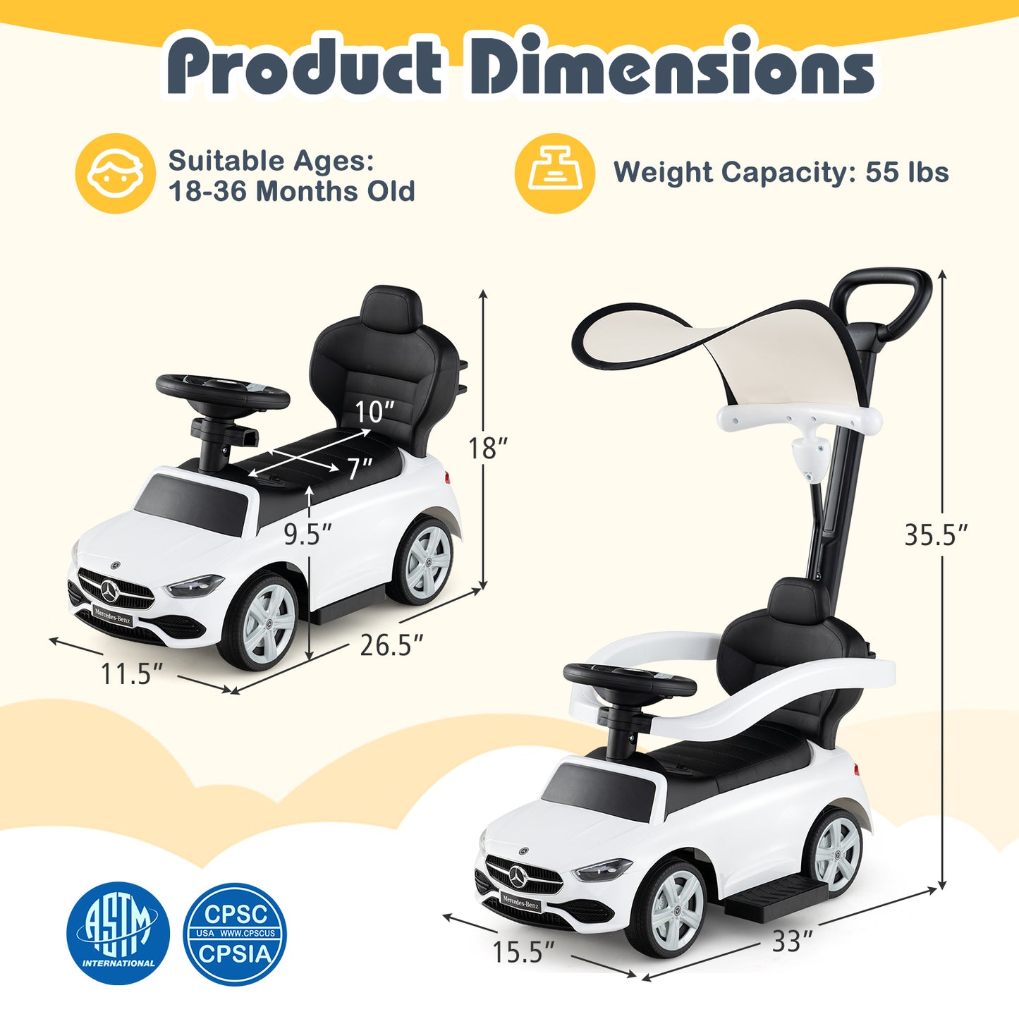 3-in-1 Ride on Push Car Mercedes-Benz Licensed Sliding Car with Canopy-White Kids Crystal