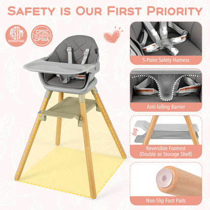 6 in 1 Convertible Highchair with Safety Harness and Removable Tray-Gray