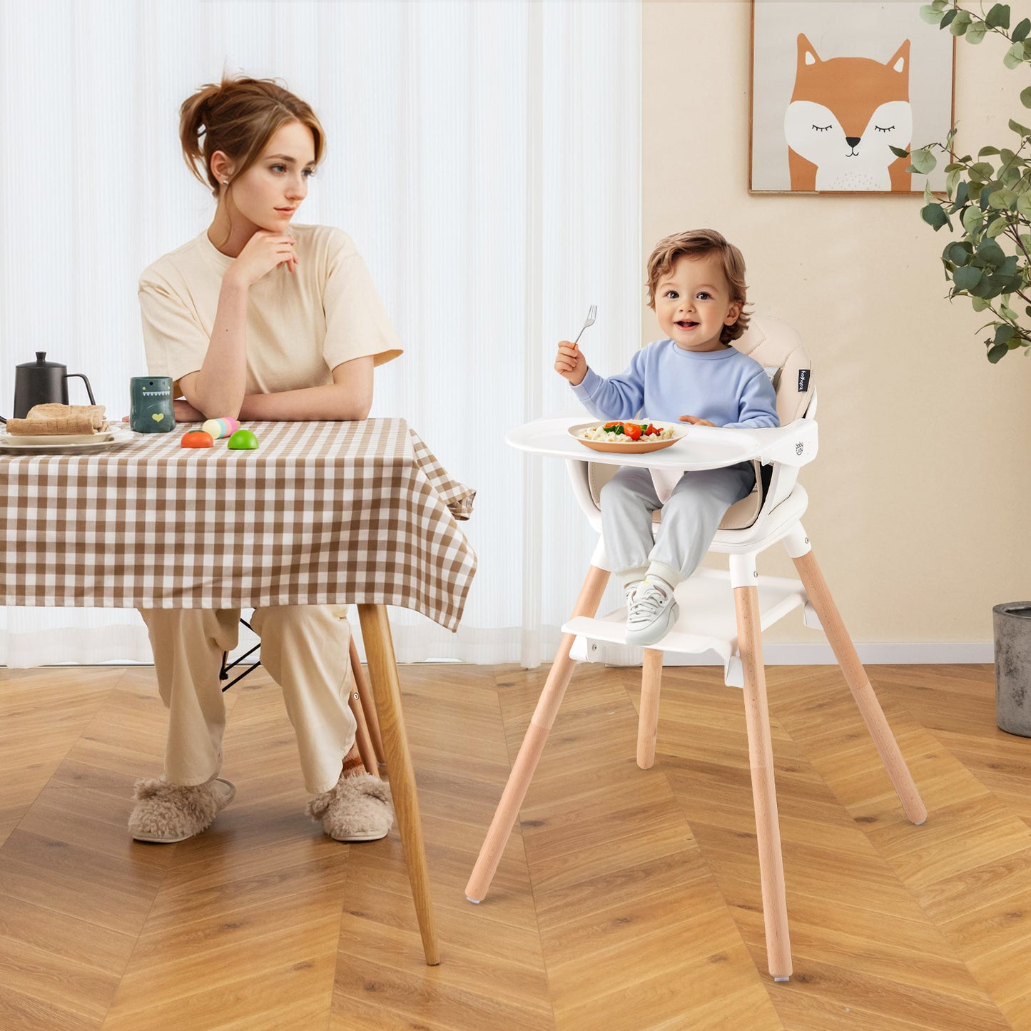 6 in 1 Convertible Highchair with Safety Harness and Removable Tray-Beige Kids Crystal