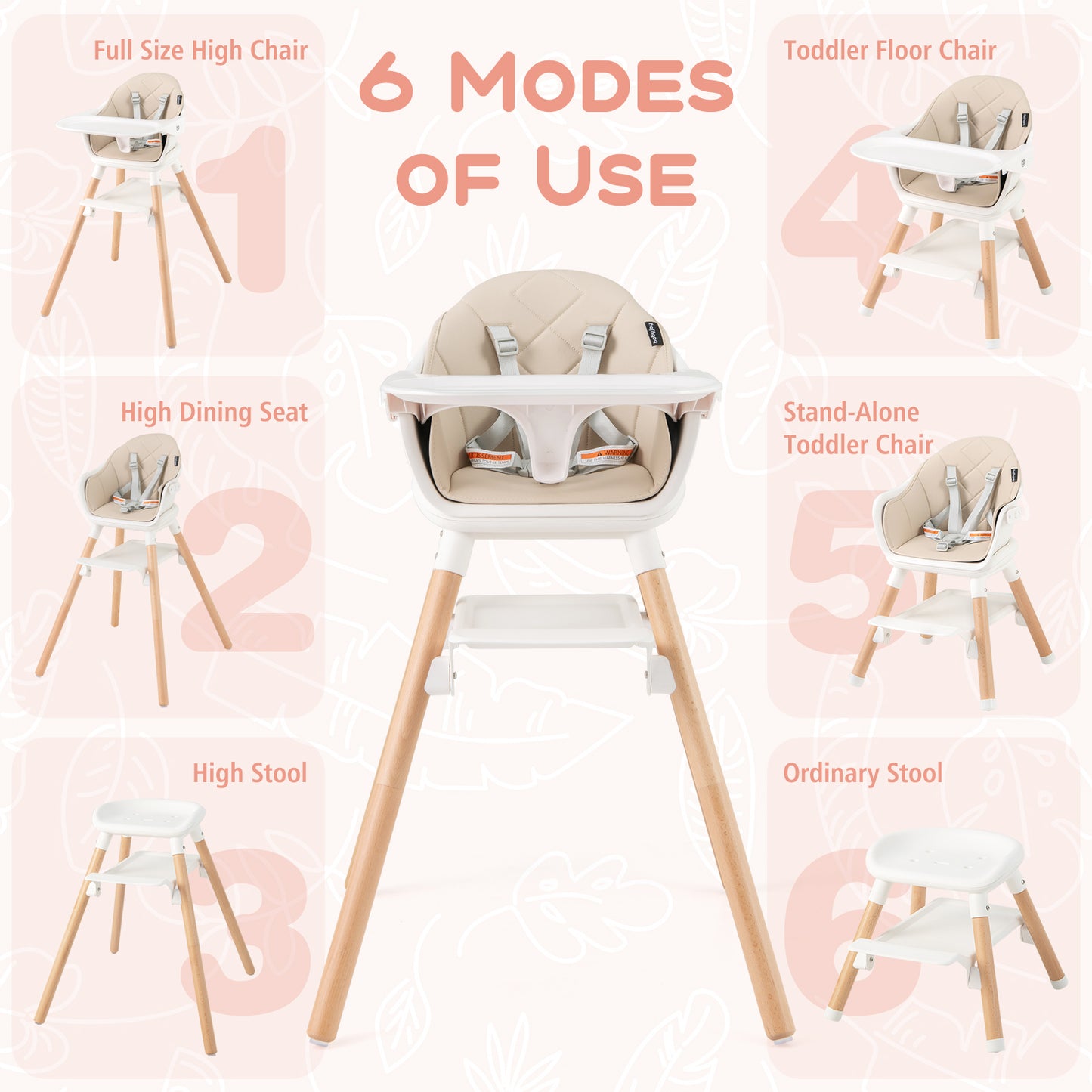 6 in 1 Convertible Highchair with Safety Harness and Removable Tray-Beige Kids Crystal
