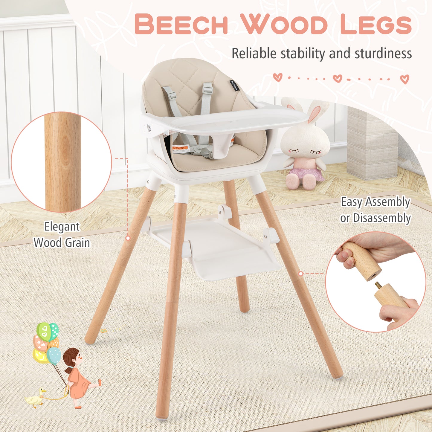 6 in 1 Convertible Highchair with Safety Harness and Removable Tray-Beige Kids Crystal