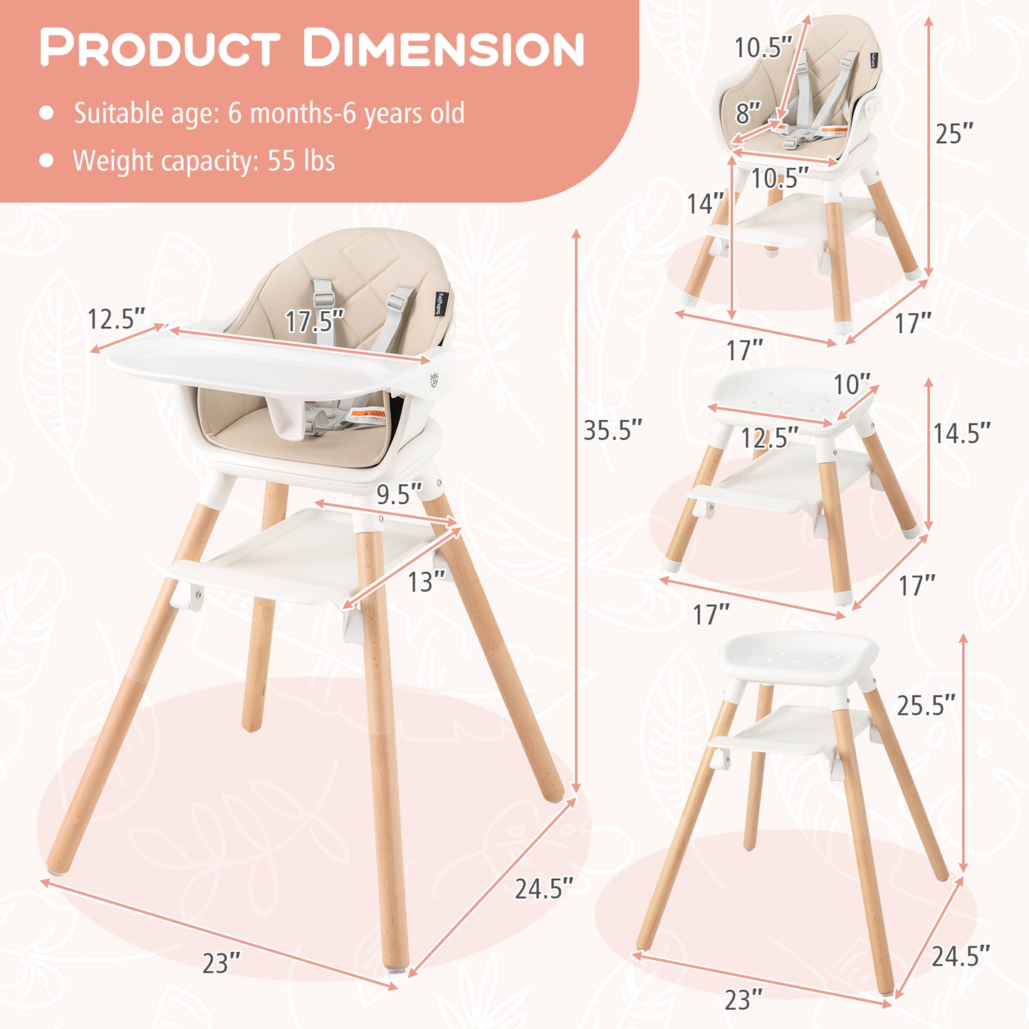 6 in 1 Convertible Highchair with Safety Harness and Removable Tray-Beige Kids Crystal