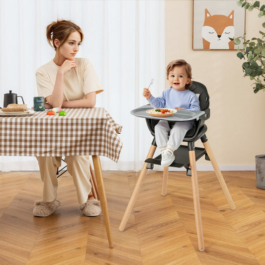 6 in 1 Convertible Highchair with Safety Harness and Removable Tray-Black Kids Crystal