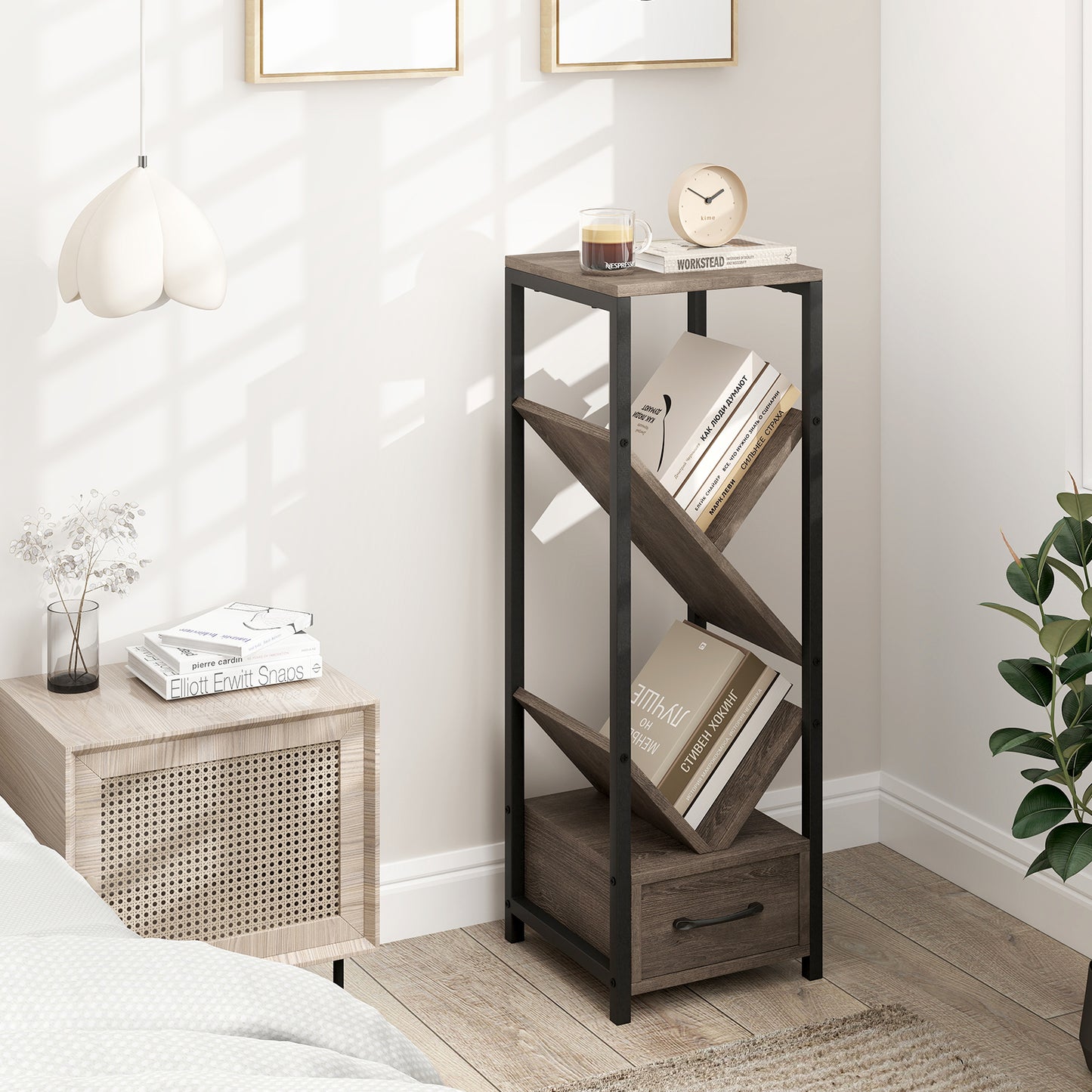 4 Tier Floor Tree Bookshelf with Drawer and Metal Frame-Gray Kids Crystal