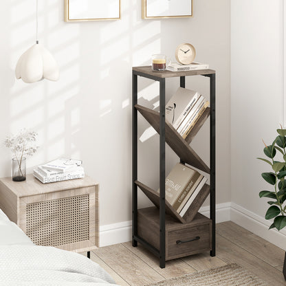 4 Tier Floor Tree Bookshelf with Drawer and Metal Frame-Gray