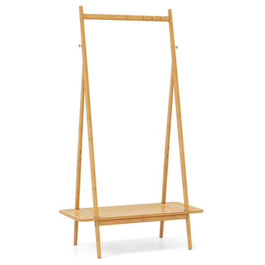 Bamboo Clothes Rack with Hanging Rod Rattan Shelf and Copper Hooks-Natural Kids Crystal