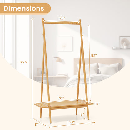 Bamboo Clothes Rack with Hanging Rod Rattan Shelf and Copper Hooks-Natural