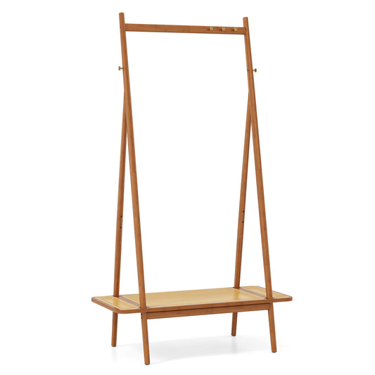 Bamboo Clothes Rack with Hanging Rod Rattan Shelf and Copper Hooks-Brown Kids Crystal