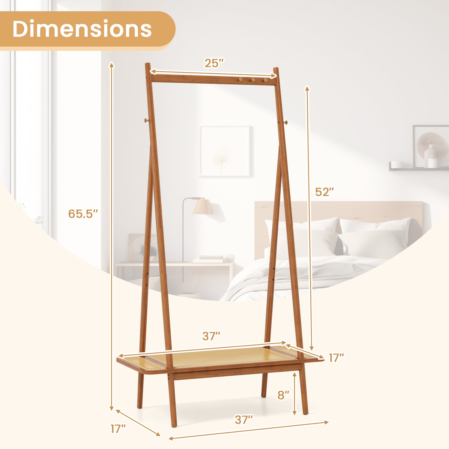 Bamboo Clothes Rack with Hanging Rod Rattan Shelf and Copper Hooks-Brown Kids Crystal