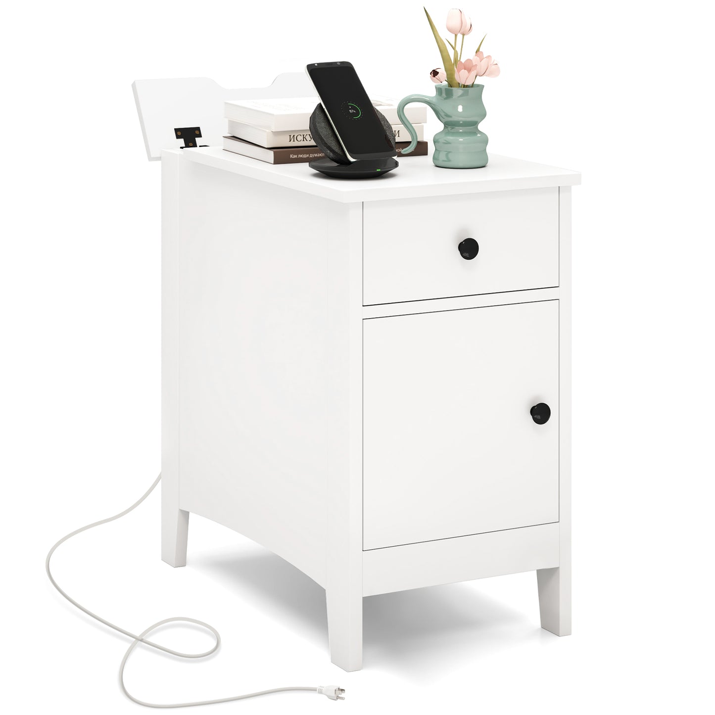 Flip Top End Table with Charging Station USB Ports Outlets and Drawer-White Kids Crystal