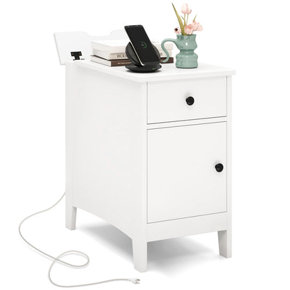 Flip Top End Table with Charging Station USB Ports Outlets and Drawer-White