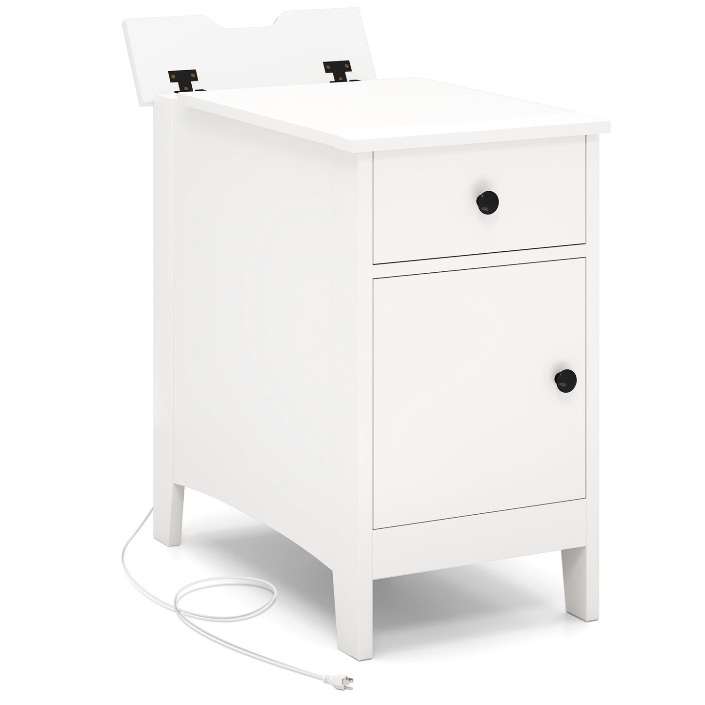 Flip Top End Table with Charging Station USB Ports Outlets and Drawer-White Kids Crystal