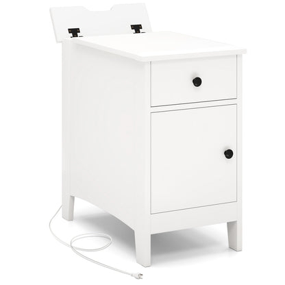 Flip Top End Table with Charging Station USB Ports Outlets and Drawer-White