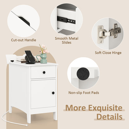 Flip Top End Table with Charging Station USB Ports Outlets and Drawer-White