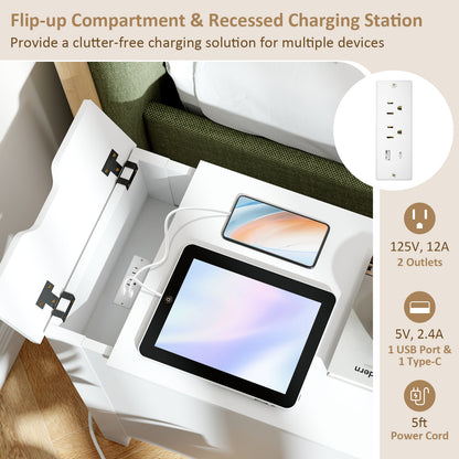 Flip Top End Table with Charging Station USB Ports Outlets and Drawer-White