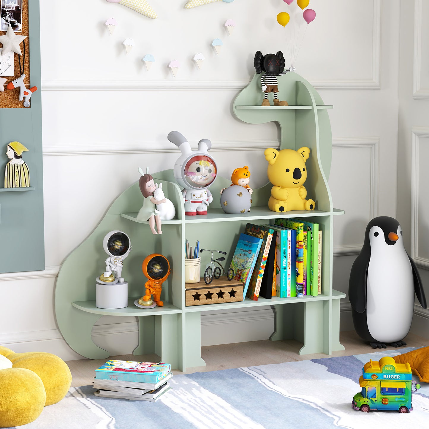 3-Tier Dinosaur Kids Bookshelf for Children-Green Kids Crystal